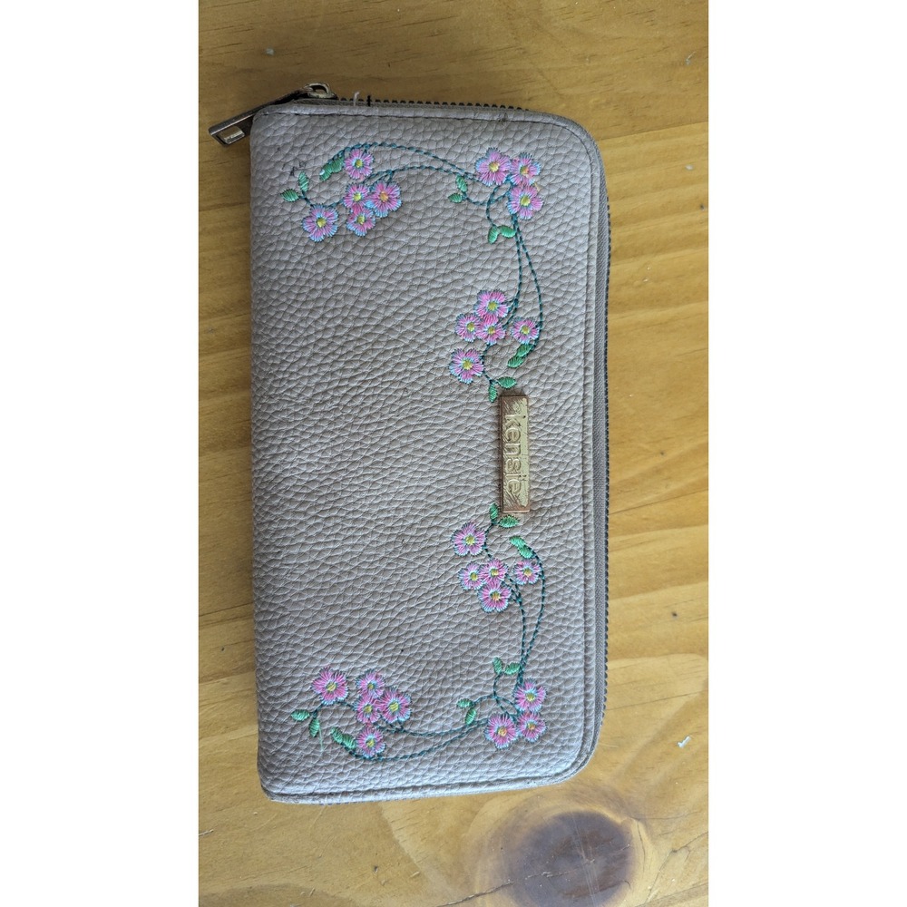 Kensie Embroidered Floral Faux Leather Zip Around Wallet Clutch Beige